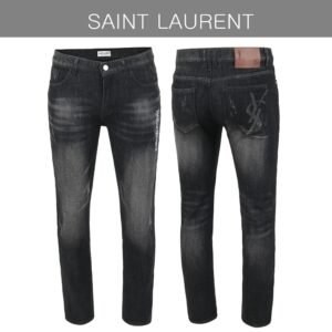 입생로랑 레터링 자수 빅로고 융기모 흑청 슬림진 청바지