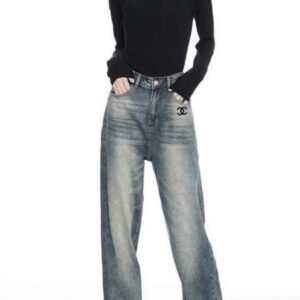 샤넬 여성 캣브러시 워싱 와이드 데님 청바지 (여성)